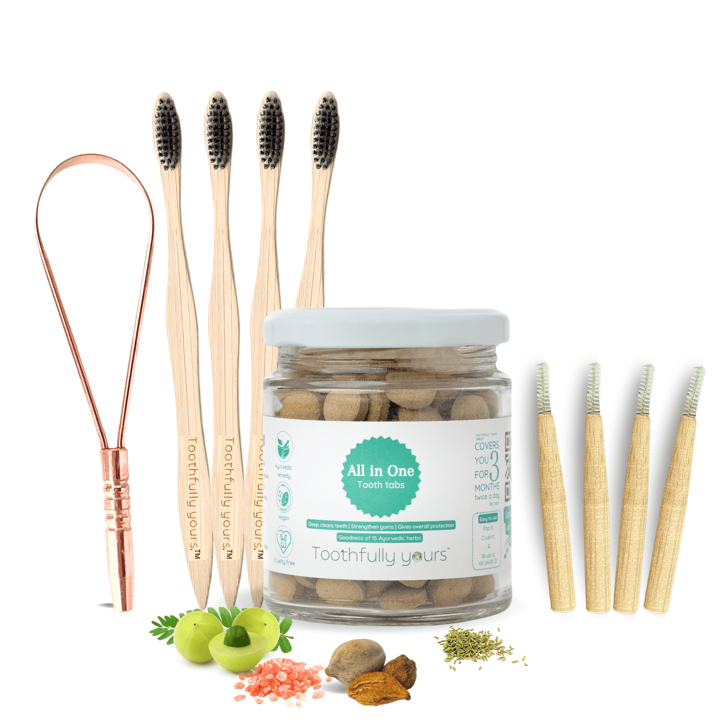 toothfully yours oral care kit includes all in one tooth tabs, copper tongue cleaner, bamboo brushes and interdental brushes