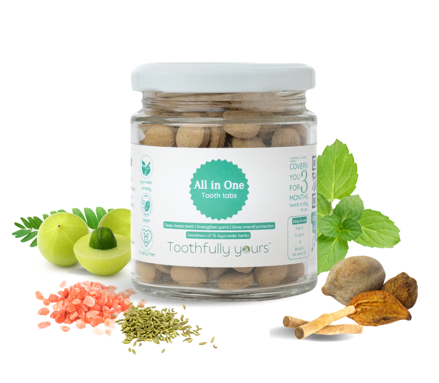 toothfully yours all in one tooth tabs jar with ingredients