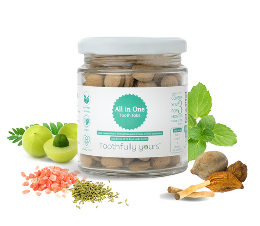 toothfully yours all in one tooth tabs jar with ingredients