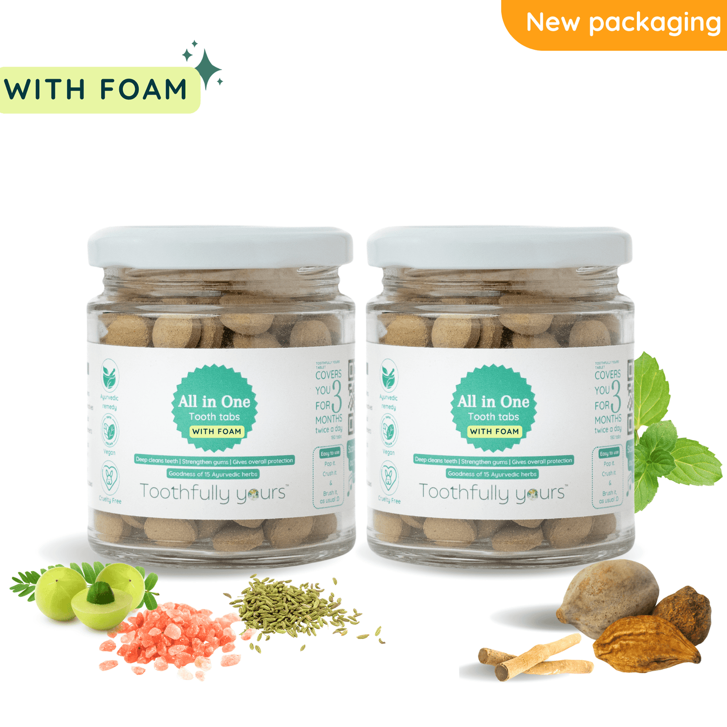 2 toothfully yours all in one tooth tabs with foam jar and ingredients