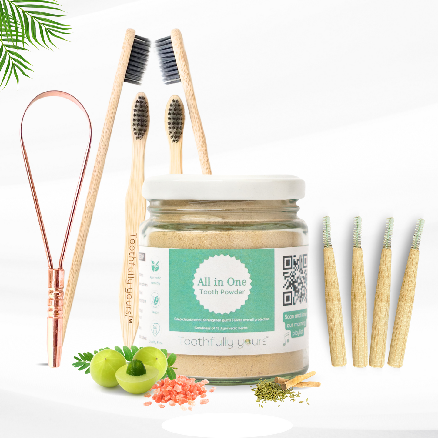 Oral Care Kit with Tooth Powder | Bambooo toothbrush | Copper Tongue Cleaner | Interdental brush