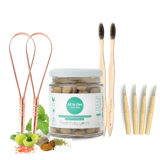 toothfully yours oral care kit includes all in one tooth tabs, copper tongue cleaner, bamboo brushes and interdental brushes