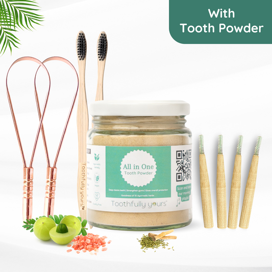 Oral Care Kit with Tooth Powder | Bambooo toothbrush | Copper Tongue Cleaner | Interdental brush
