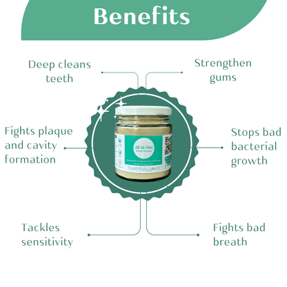 benefits written around all in one tooth powder jar