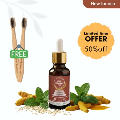 Gum Massage Oil | Best Remedy for Gum Bleeding and Gum Swelling | 10 Ayurvedic Herbs | 30ml + 2 Bamboo Toothbrush Free